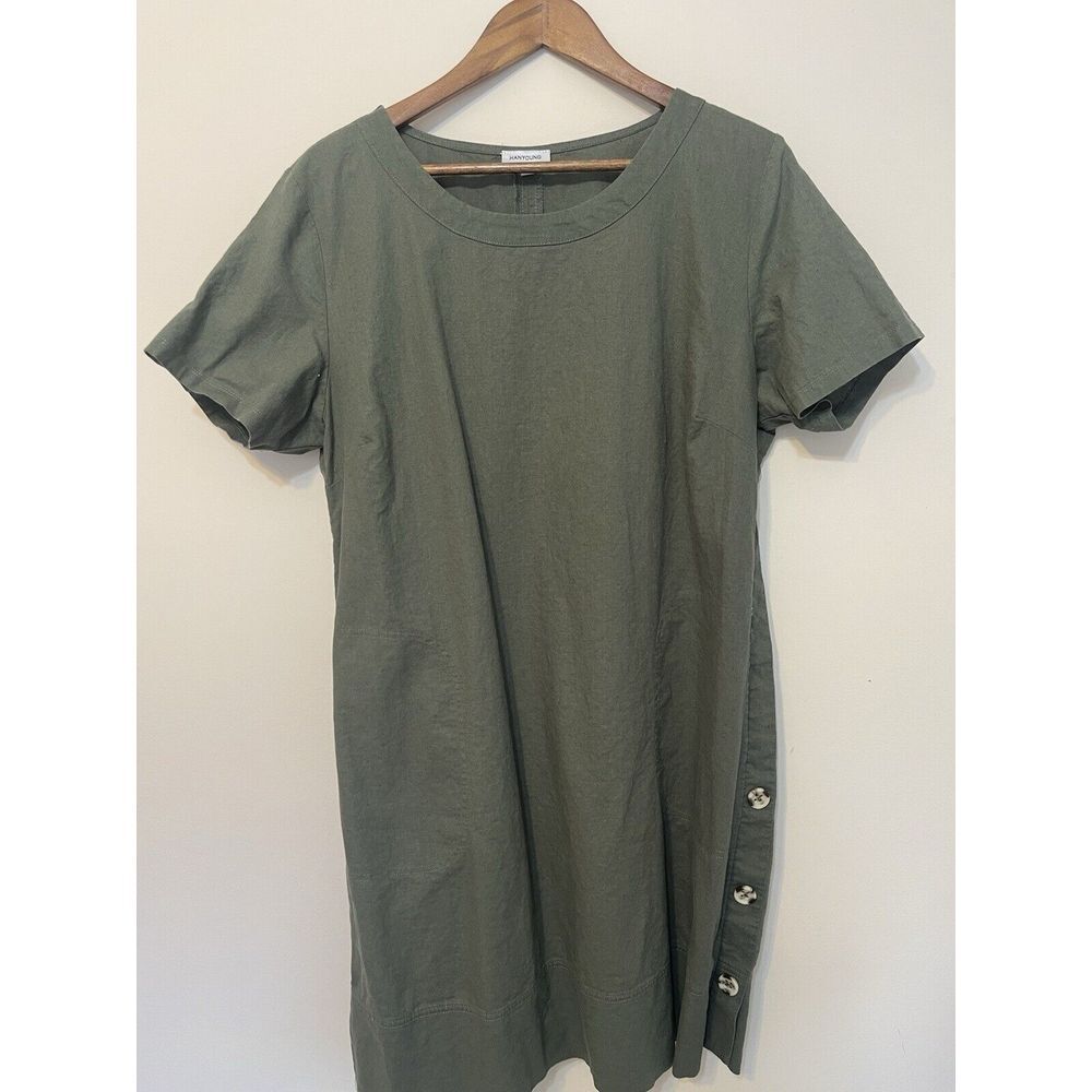 Green Linen Cotton Lagenlook Tunic Dress Green Minimalist XL Pockets
